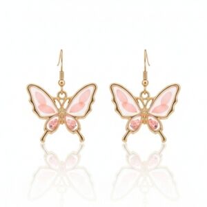 🆕️ Artisan With Real Floral & Resin Gold and Pink Butterfly Earrings